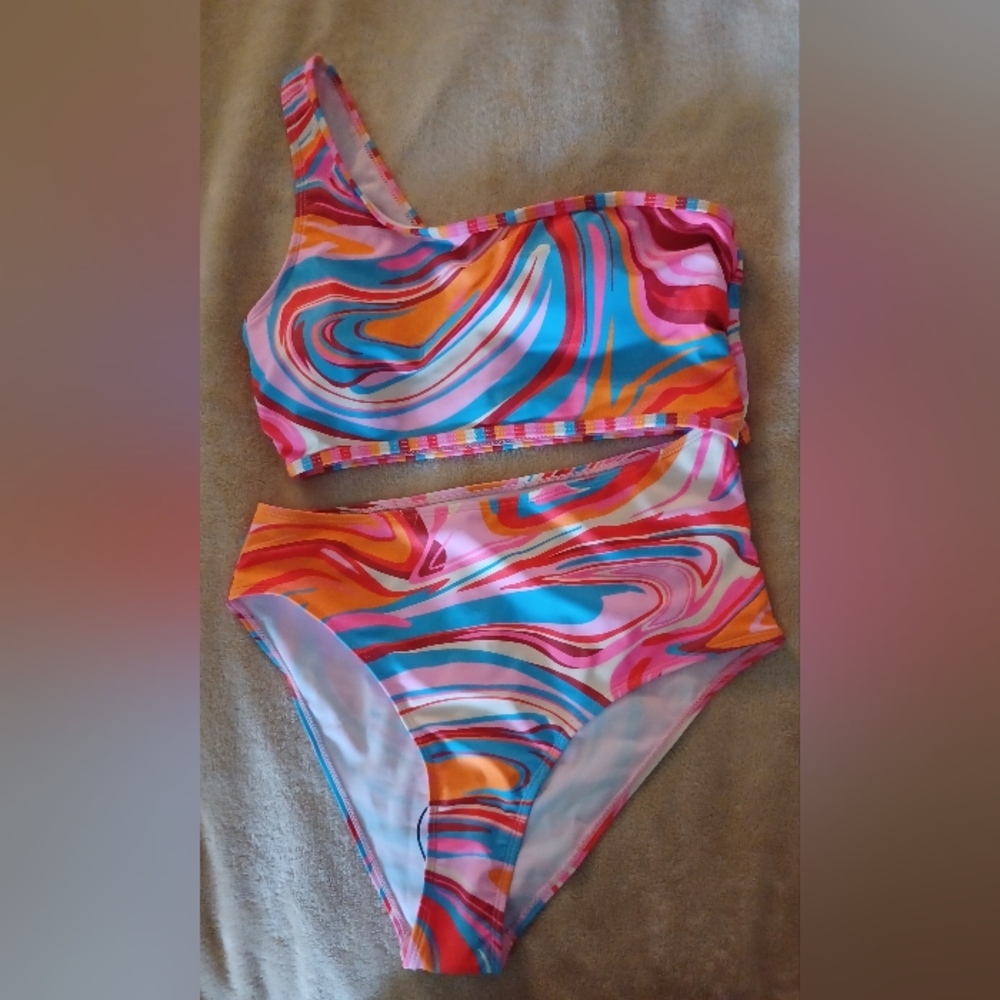 New Shein M One Shoulder Orange Pink Blue Swirly Cutout Bathing Suit